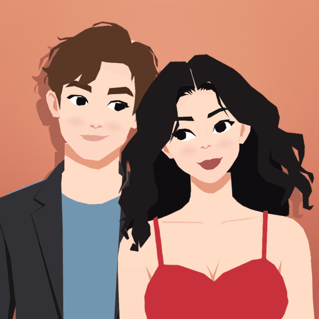 Become game icon: a young man and woman side by side on a warm peach background